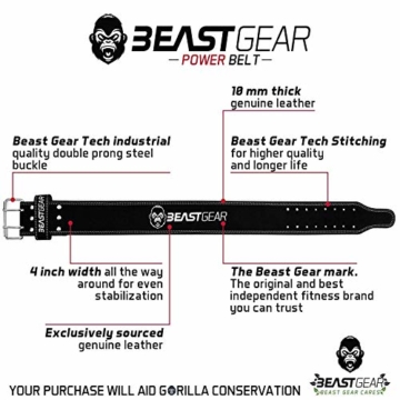 Beast Gear PowerBelt - Premium Powerlifting Gürtel mit Doppelter Dornschließe - 10,2cm x 10mm Nubukleder Kraftsport Gewichthebergürtel Nietengürtel | L - 2
